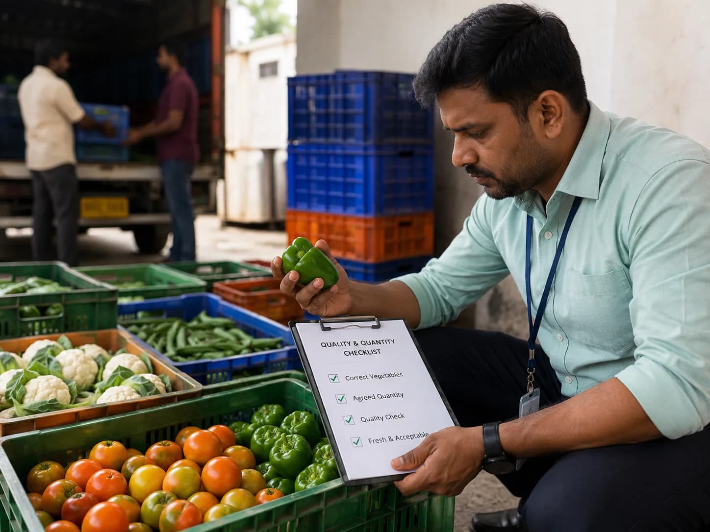 An opened crate of vegetables beside a checklist with every line ticked