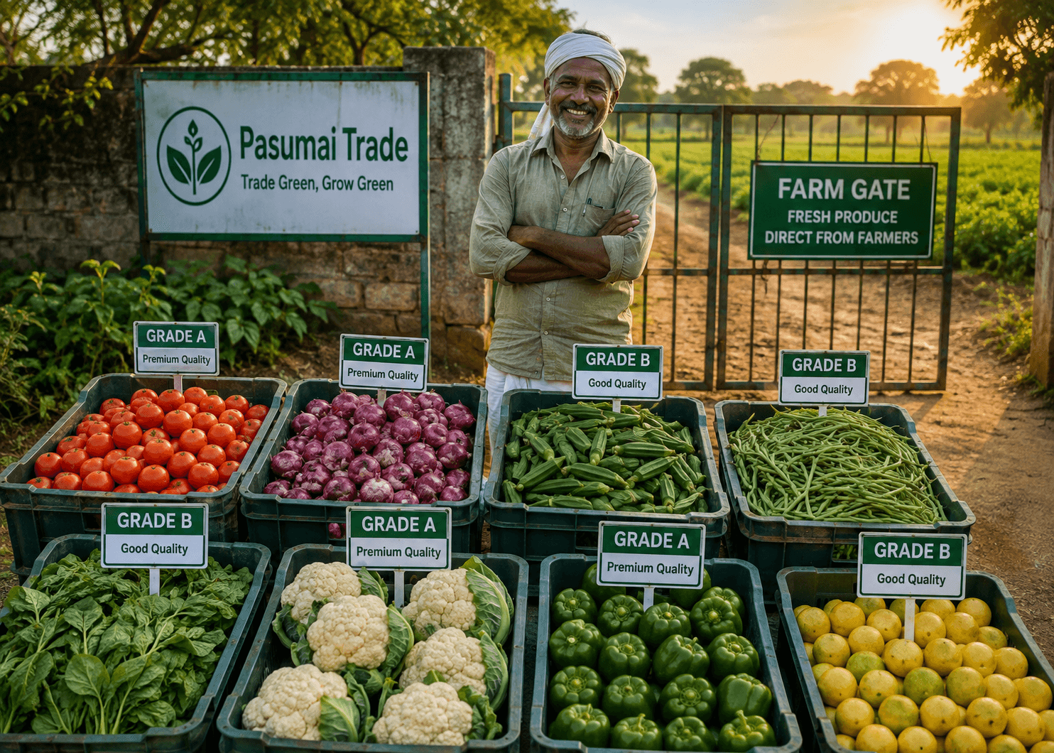 A smiling farmer at his farm gate behind crates of graded vegetables, each labelled Grade A or Grade B