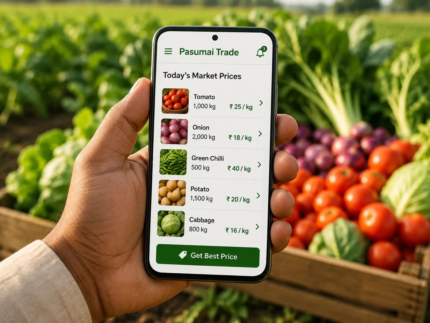 A farmer holding a phone showing today's produce prices, with crates of fresh vegetables behind