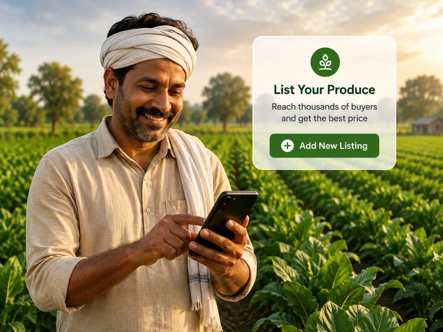 A farmer listing available vegetables on the app, with the crate beside the phone